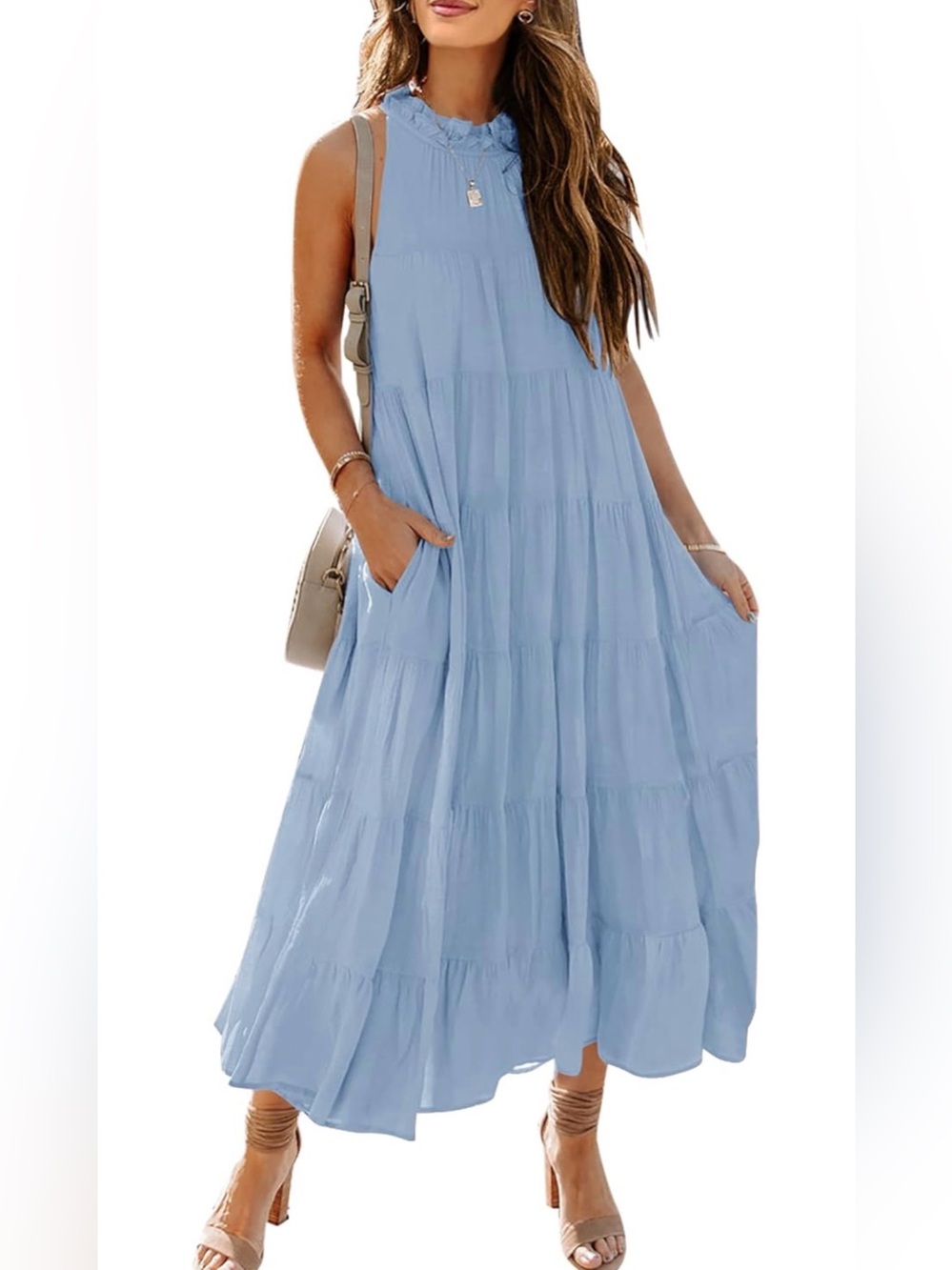 Light Blue Tiered Maxi Dress – Sleeveless – Pockets – Rayon